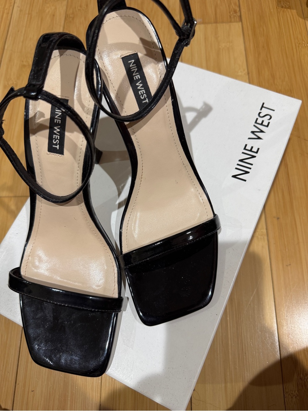 Nine West Black Patent Square-Toe Ankle Strap Heels